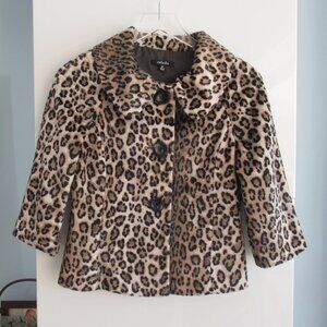 Rafaella Faux Fur Leopard Print Coat Size S Animal Print 3/4 Sleeve, Lined Soft